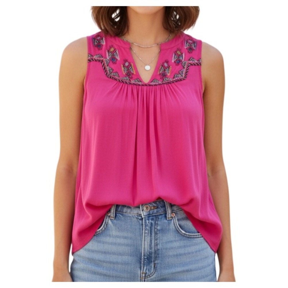 MAEVE Anthropologie MALINDI Pink RAYON GAUZE Embroidered V-NECK Tunic Tank Top S